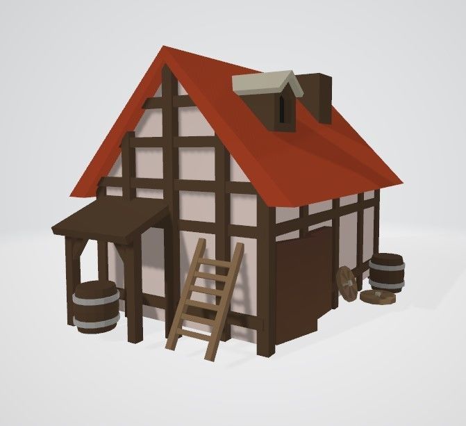 Lowpoly houses house with ladder and barrels Low-poly 3D model_16