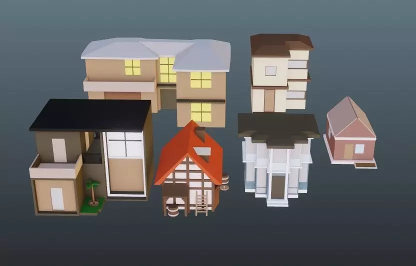 Lowpoly houses house with ladder and barrels Low-poly 3D model_0