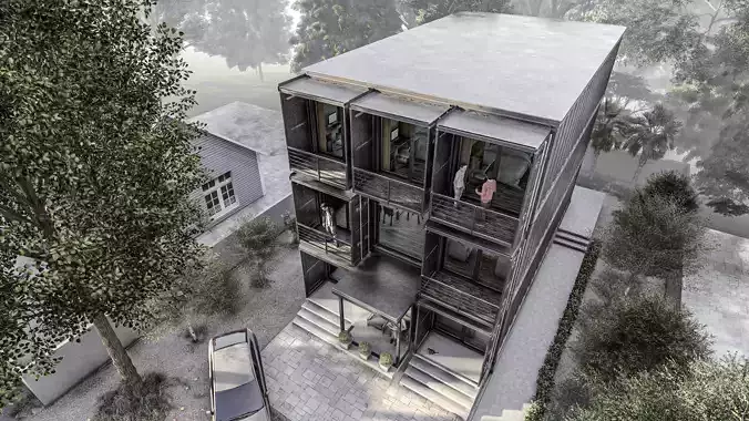 THREE STOREY CONTAINER HOUSE 3D model THREE STOREY CONTAINER HOUSE 3D model