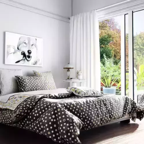 bedroom with polka dot bedding