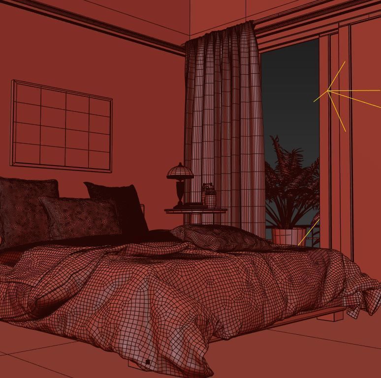 bedroom with polka dot bedding 3D model_1