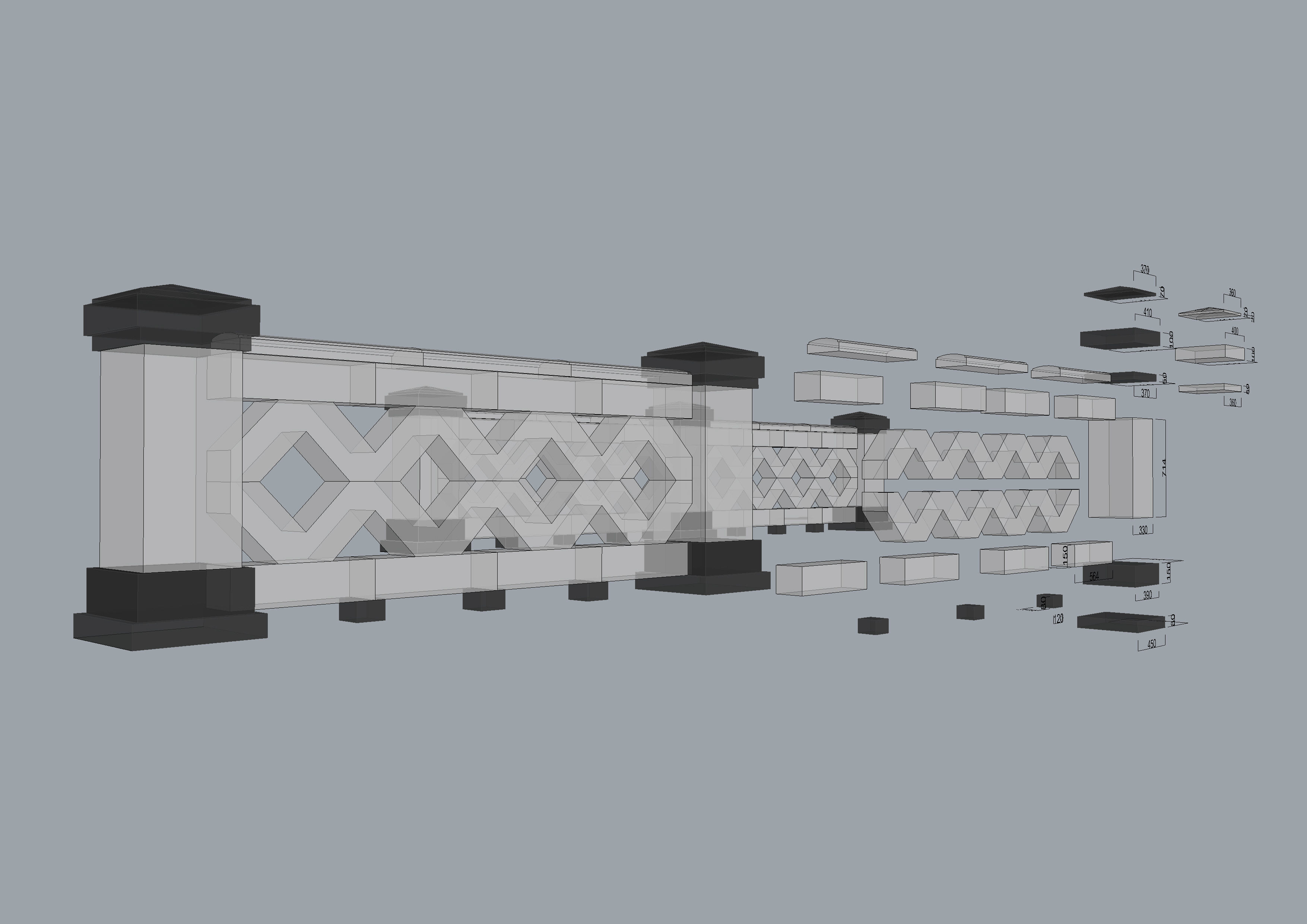 Railing 3d model with texture materials stone balaster railing Low-poly 3D model_10