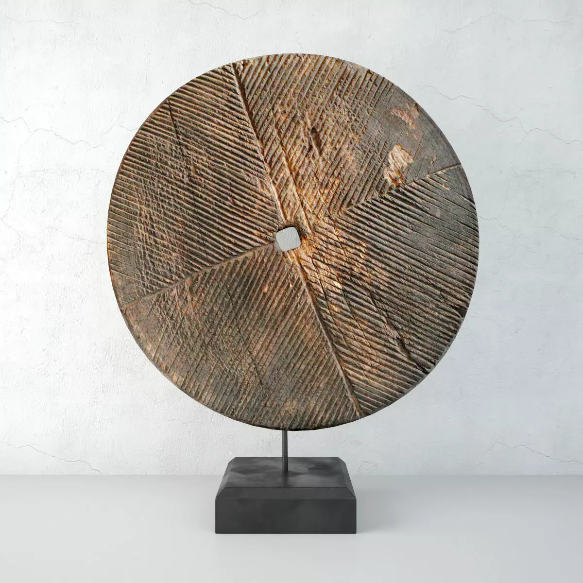 Old India Wood Wheel on Stand 3D model_0