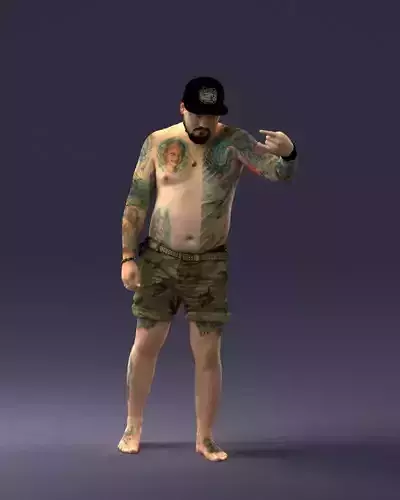 000175 Tattooed Man in Camo Shorts and Cap 0824