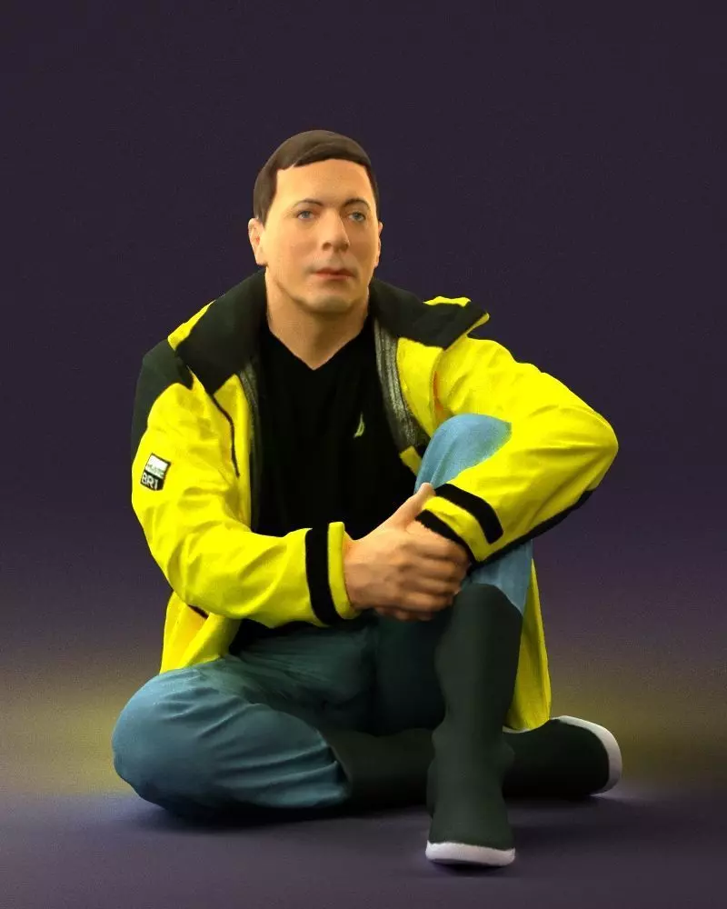 Serious man in yellow winter  jacket seat 0825 3D model_0