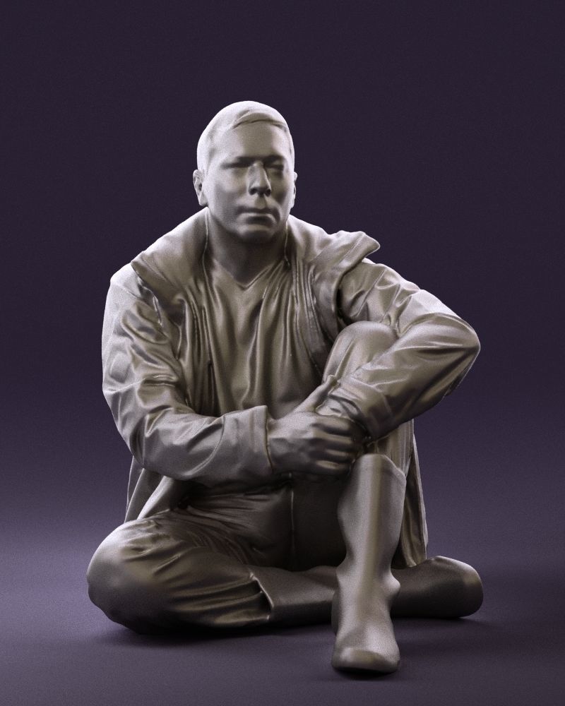 Serious man in yellow winter  jacket seat 0825 3D model_1