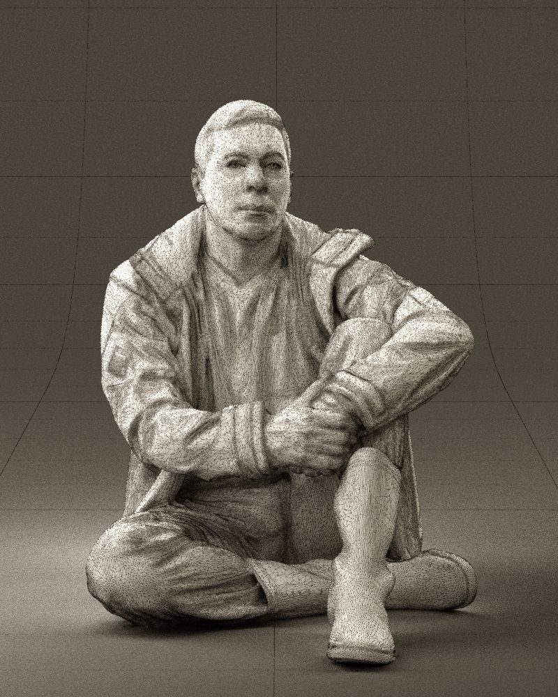 Serious man in yellow winter  jacket seat 0825 3D model_2