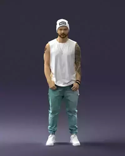 Man with a tattoo in a hat and t-shirt 0184 3D Print Ready 3D print model