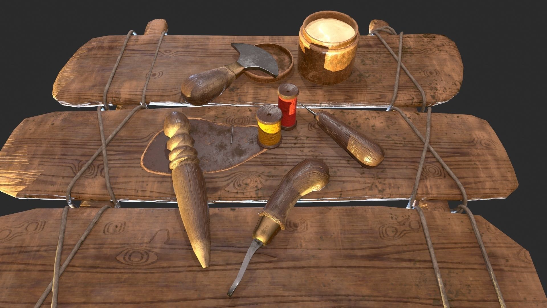 Old leather working tools for gamedev Low-poly 3D model_8