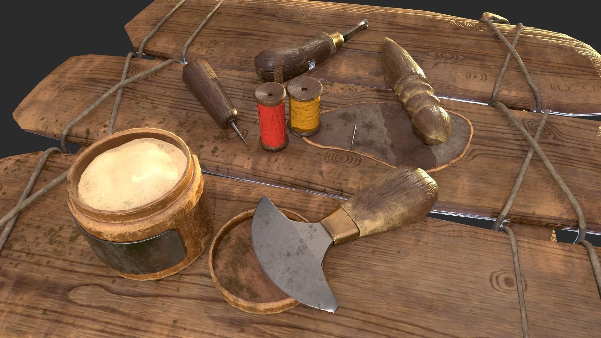Old leather working tools for gamedev Low-poly 3D model_3