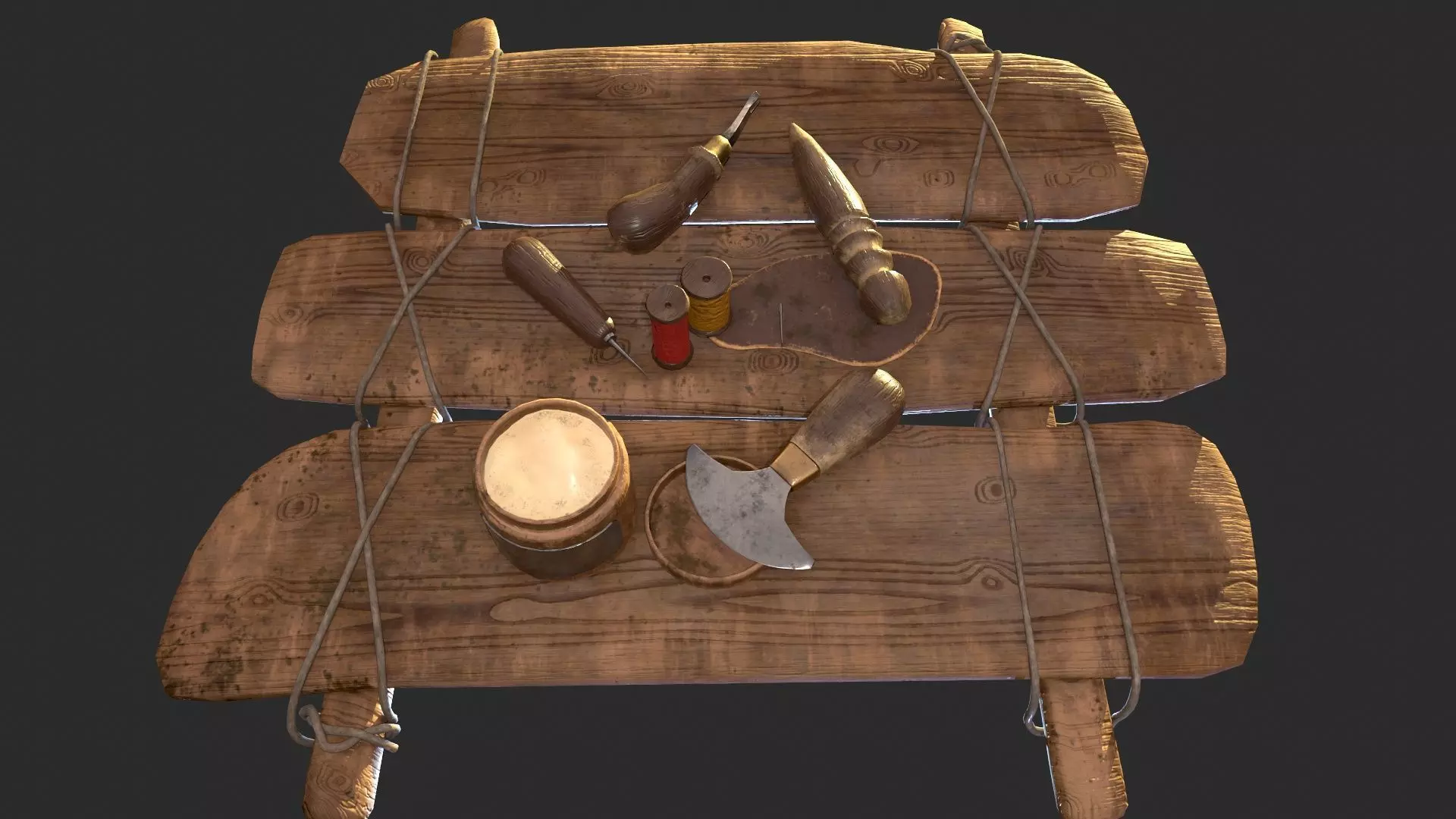 Old leather working tools for gamedev Low-poly 3D model_0