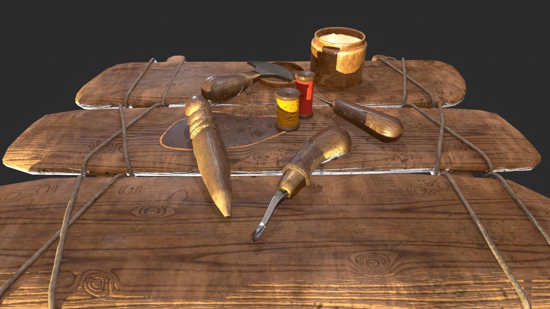 Old leather working tools for gamedev Low-poly 3D model_6