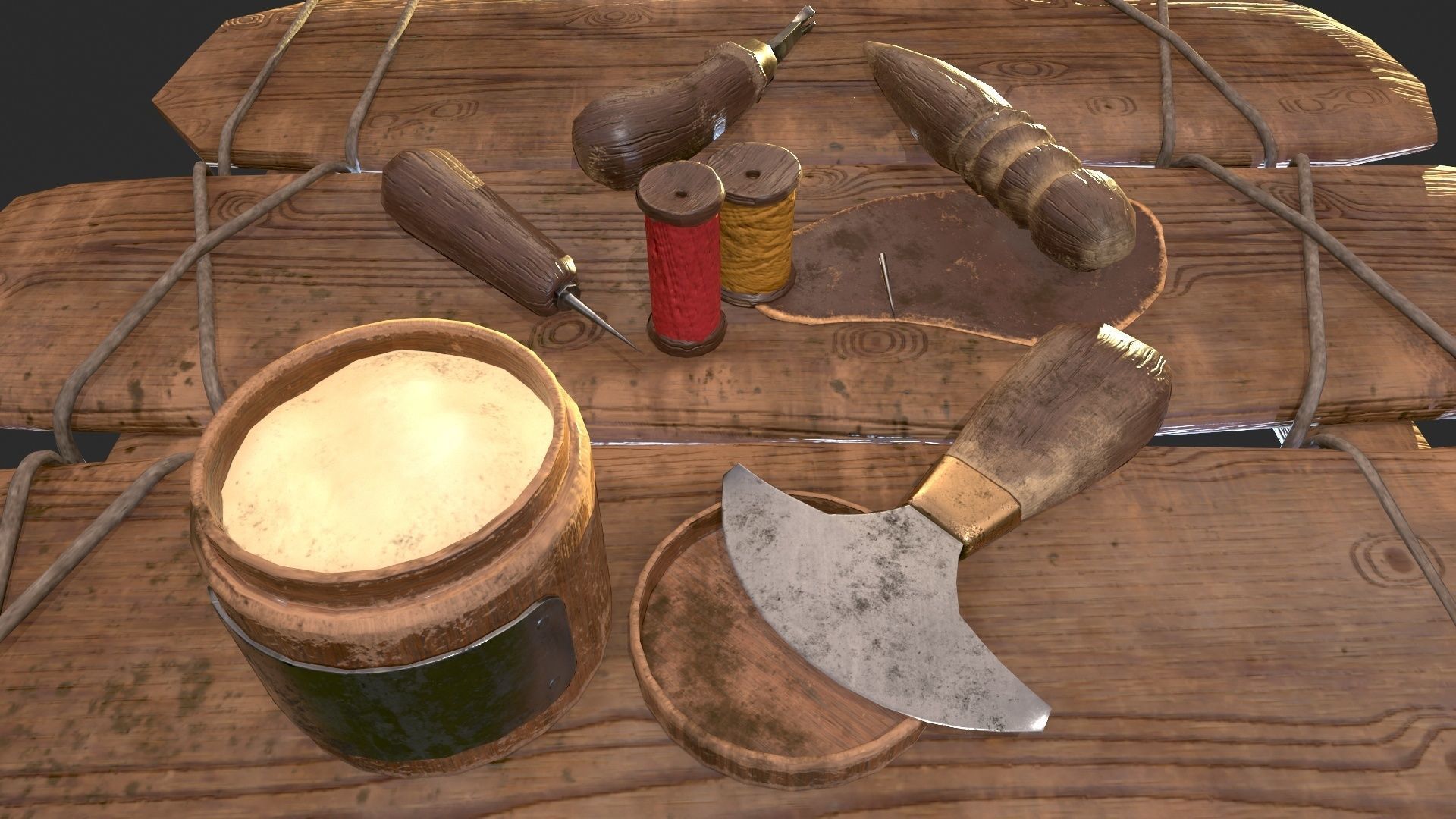 Old leather working tools for gamedev Low-poly 3D model_7