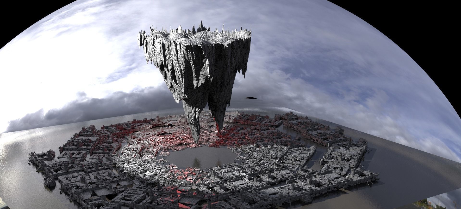 Floating Mountain over Sci-fi city base 3D model_1
