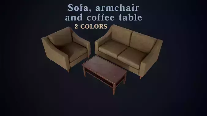 Vintage sofa armchair and coffee table model set Low-poly 3D model