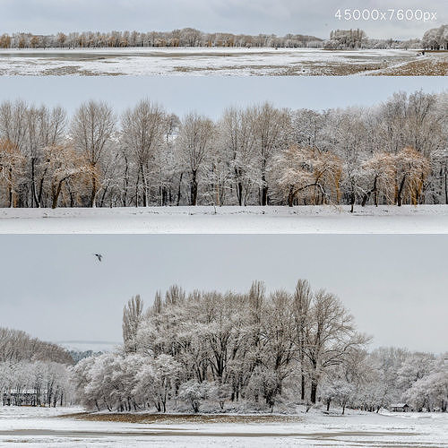 Panorama of the park with a lake and snow-covered trees - 45k 3D model