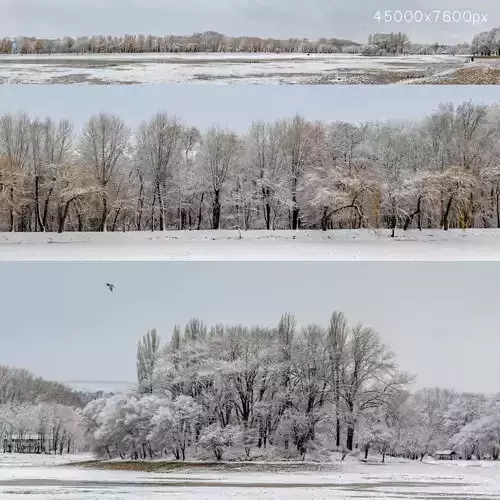 Panorama of the park with a lake and snow-covered trees - 45k 3D model