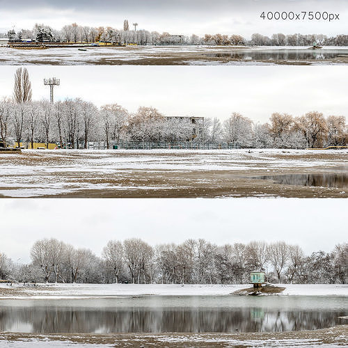 Panorama of the park with a lake and snow-covered trees - 40k 3D model