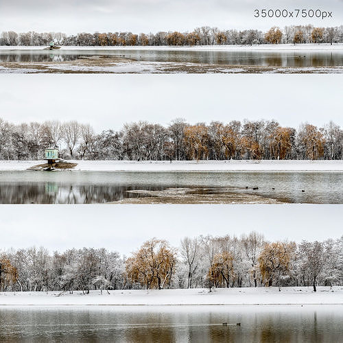 Panorama of the park with a lake and snow-covered trees - 35k 3D model