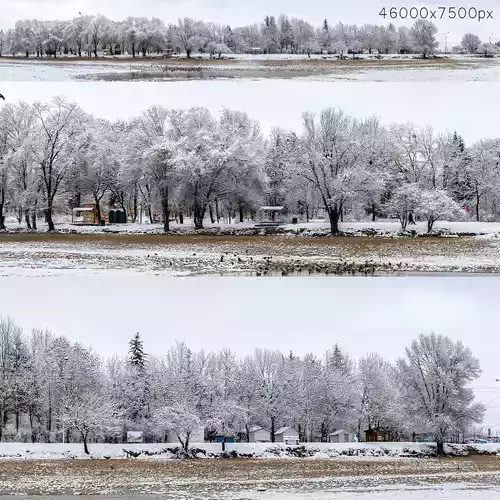 Panorama of the park with a lake and snow-covered trees - 46k