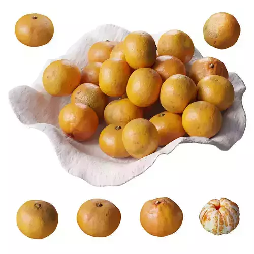 Tangerines in a clay bowl Low-poly 3D model