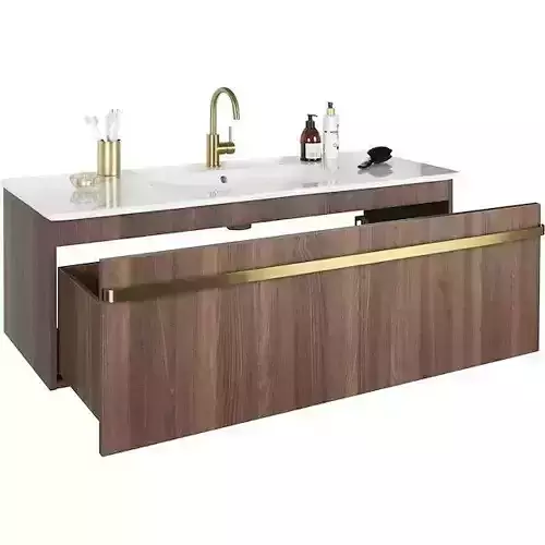 Washbasin 3D model modern bathroom vanity in wood and brass