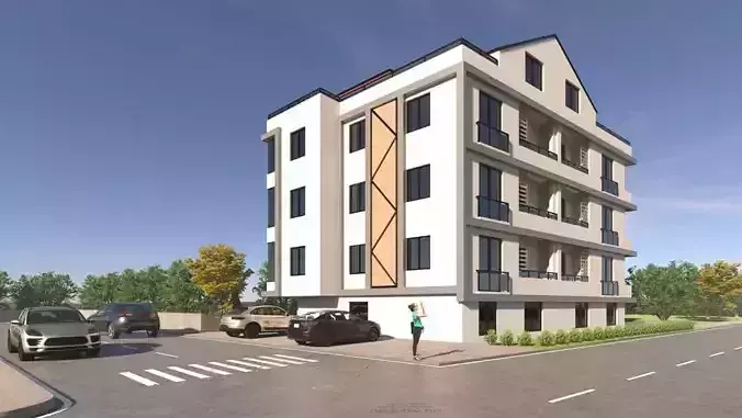 APARTMENT building with cars parked