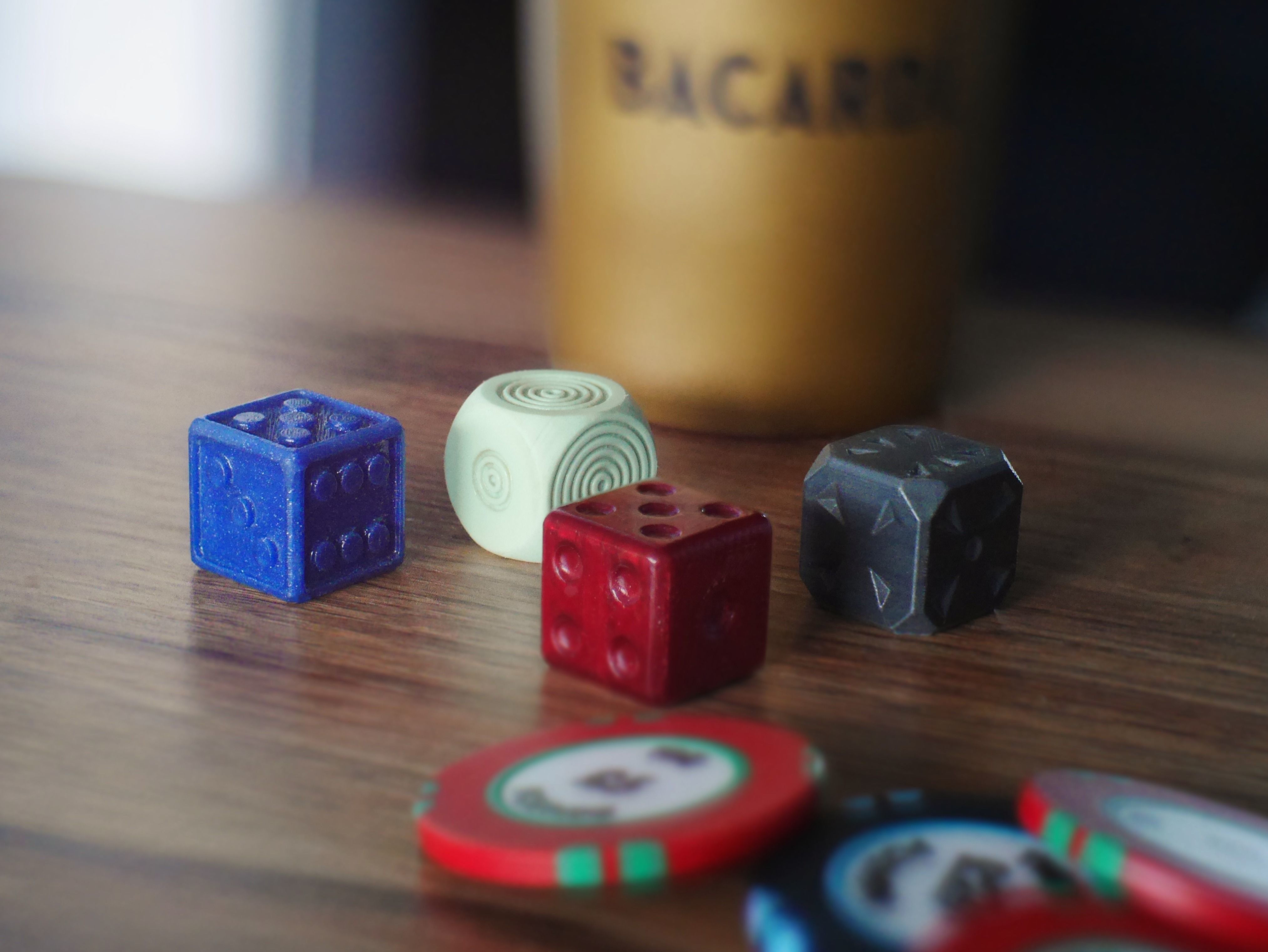 Dice set on wooden table 3D print model_1