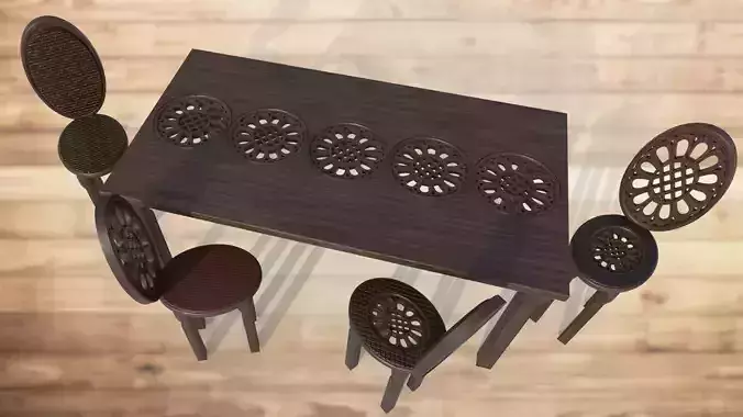 Table and 4 chairs with an openwork pattern  low-poly 3D model
