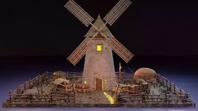 Animated stylized medieval scene of a mill with props Low-poly 3D model