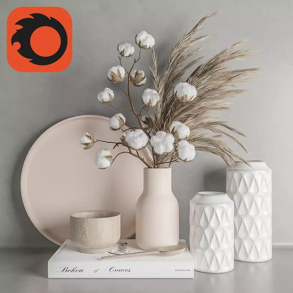 Decoration Set 22 Cotton and Vase 3D model_0