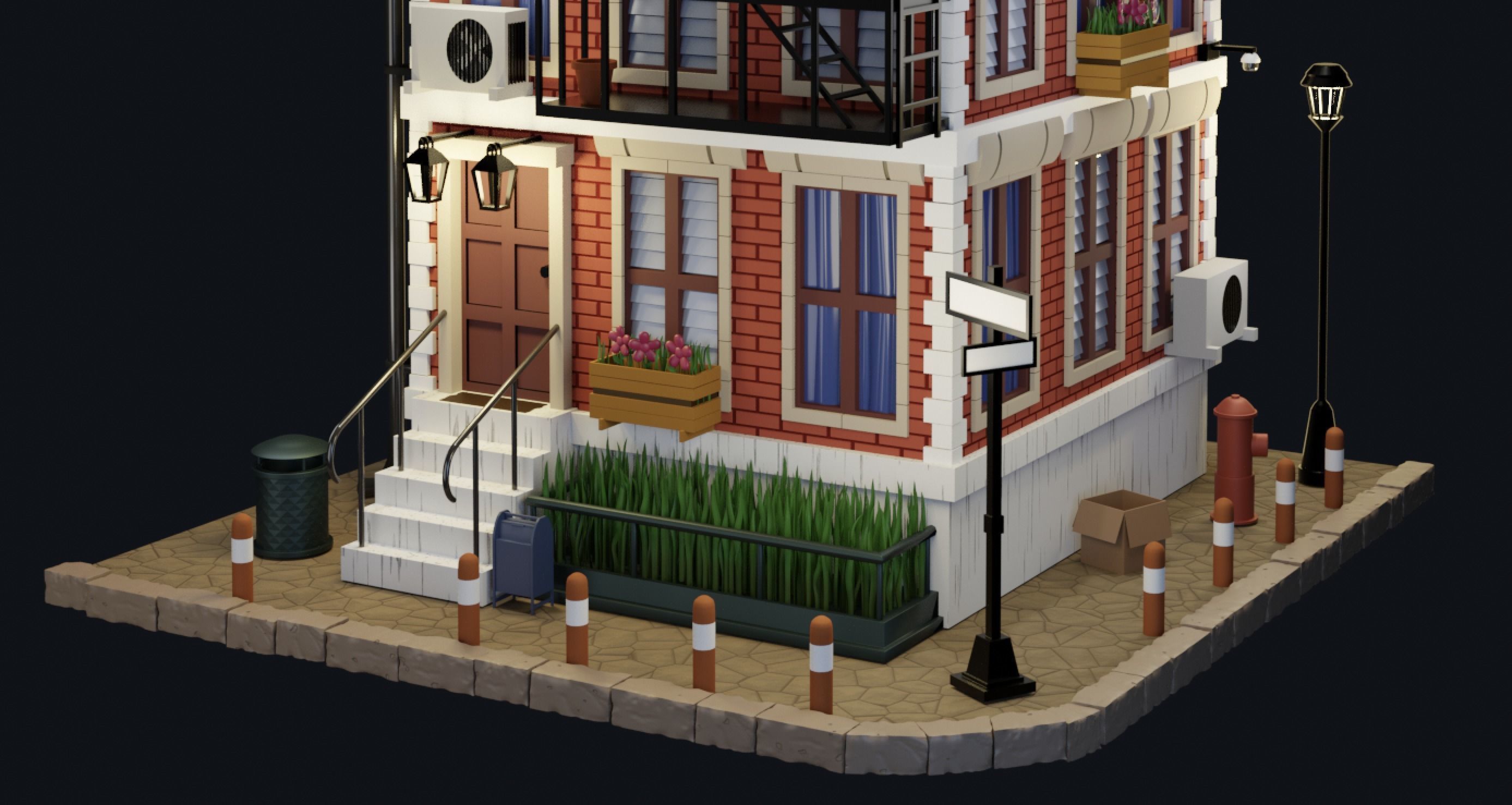 Brick European apartment building Low-poly 3D model_2