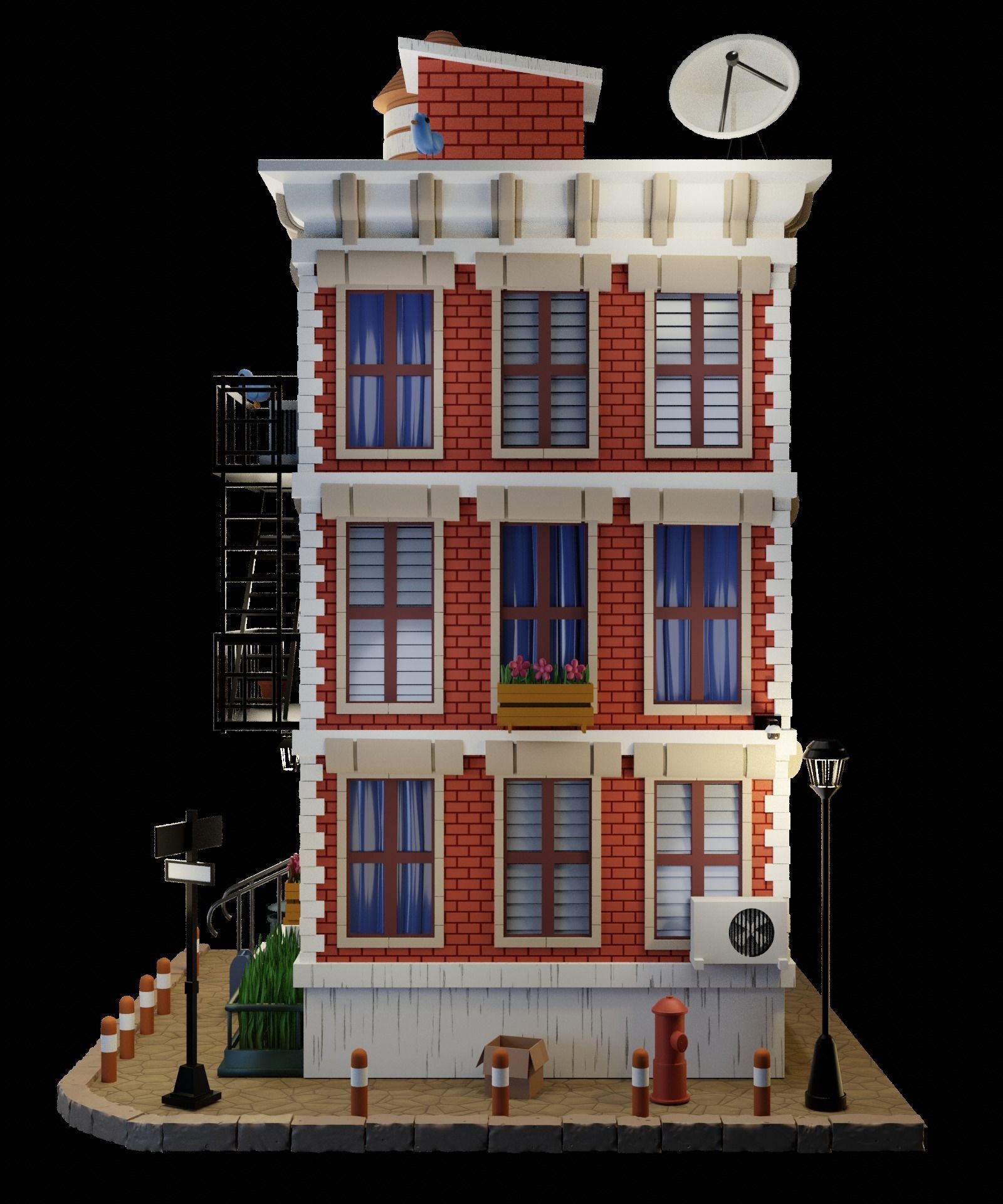 Brick European apartment building Low-poly 3D model_7