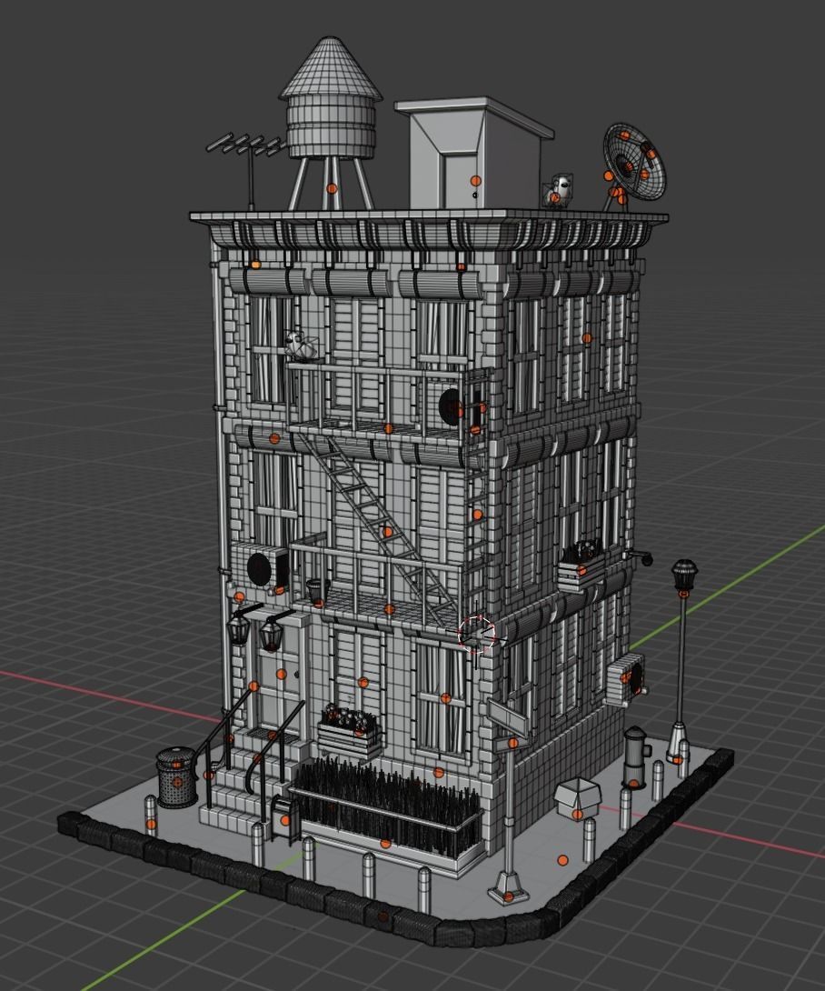 Brick European apartment building Low-poly 3D model_1