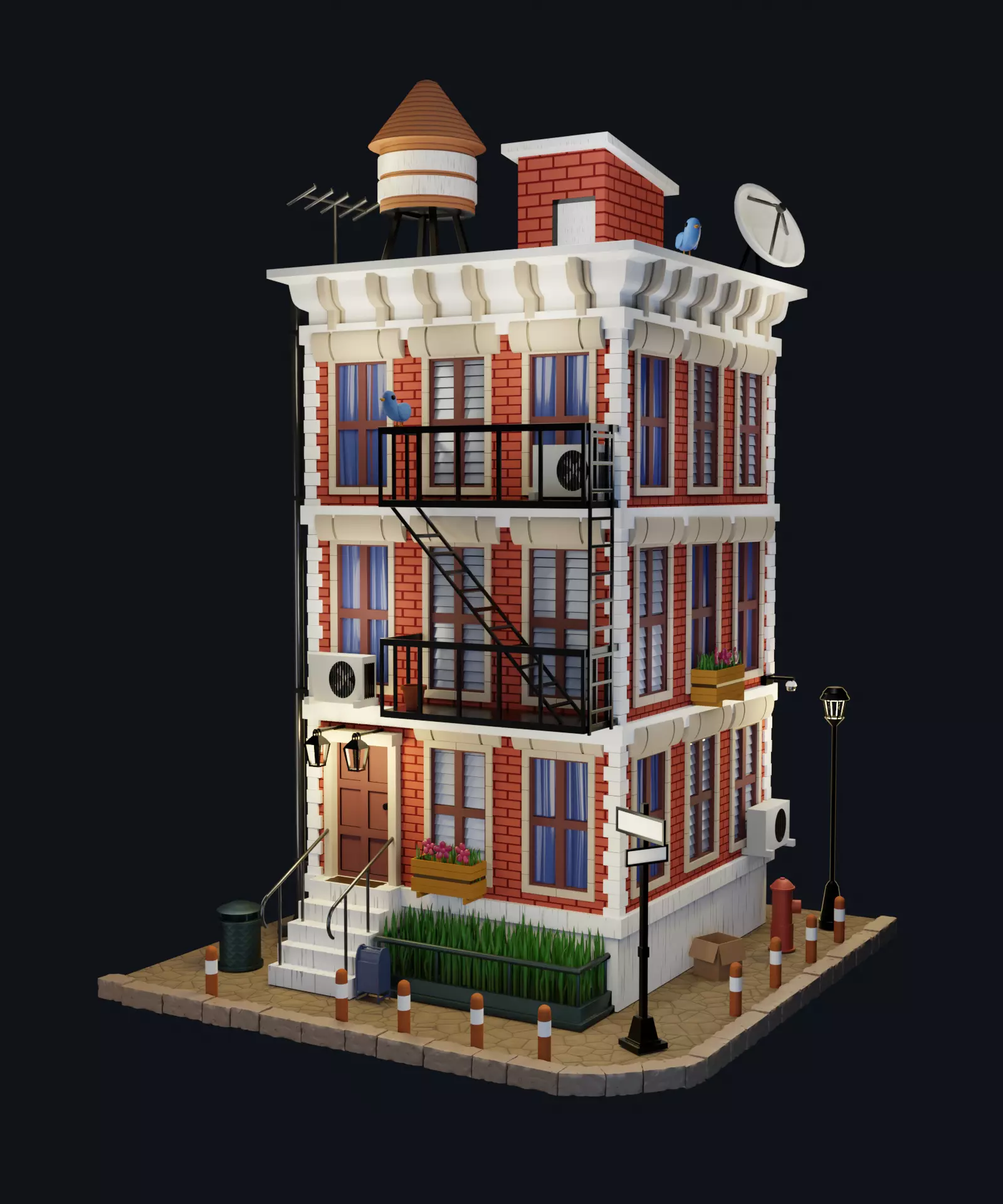 Brick European apartment building Low-poly 3D model_0