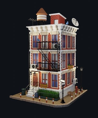Brick European apartment building Low-poly 3D model