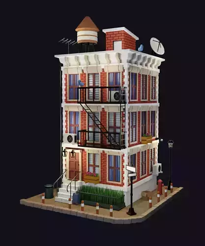 Brick European apartment building Low-poly 3D model Brick European apartment building Low-poly 3D model