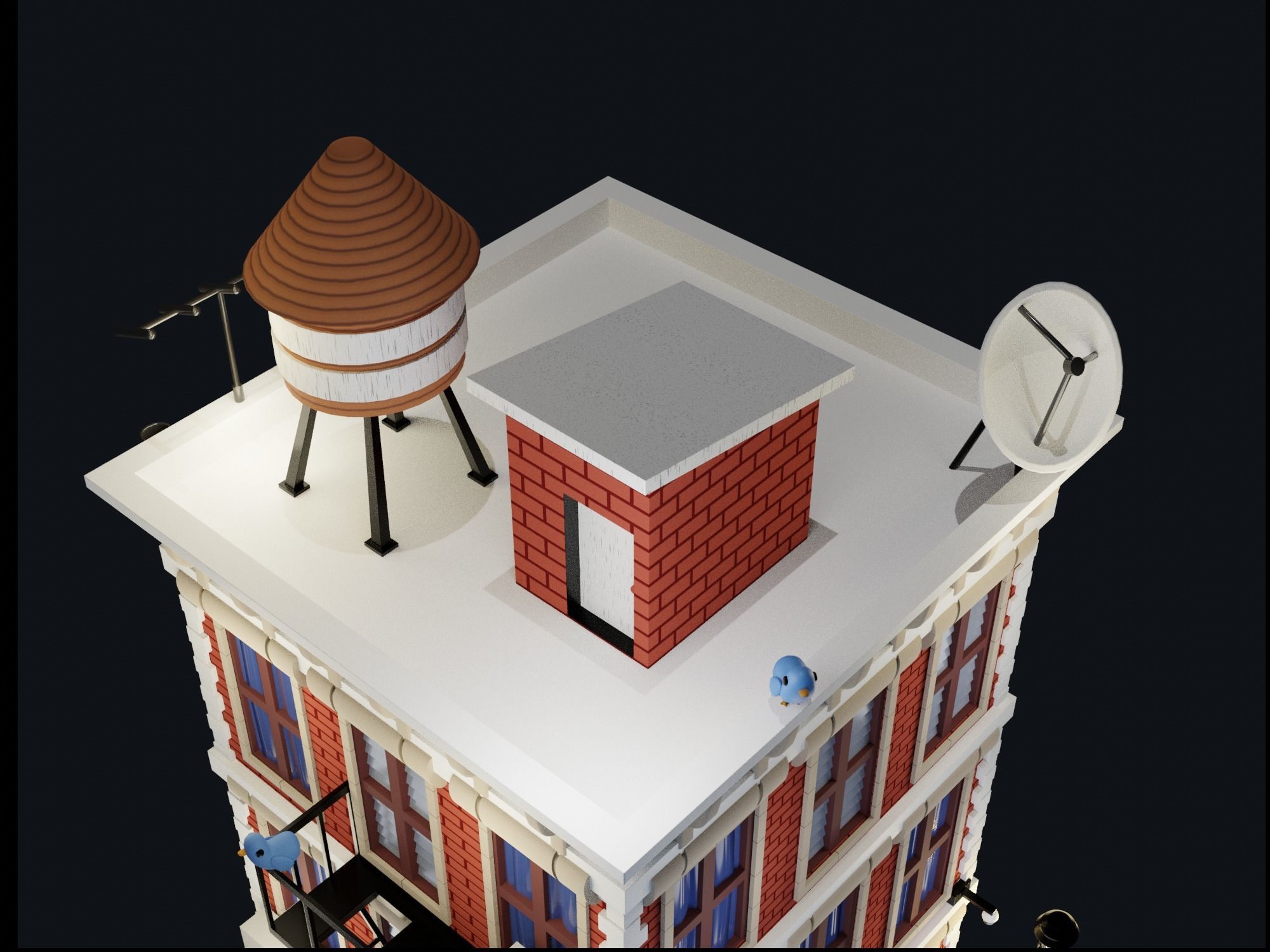Brick European apartment building Low-poly 3D model_6