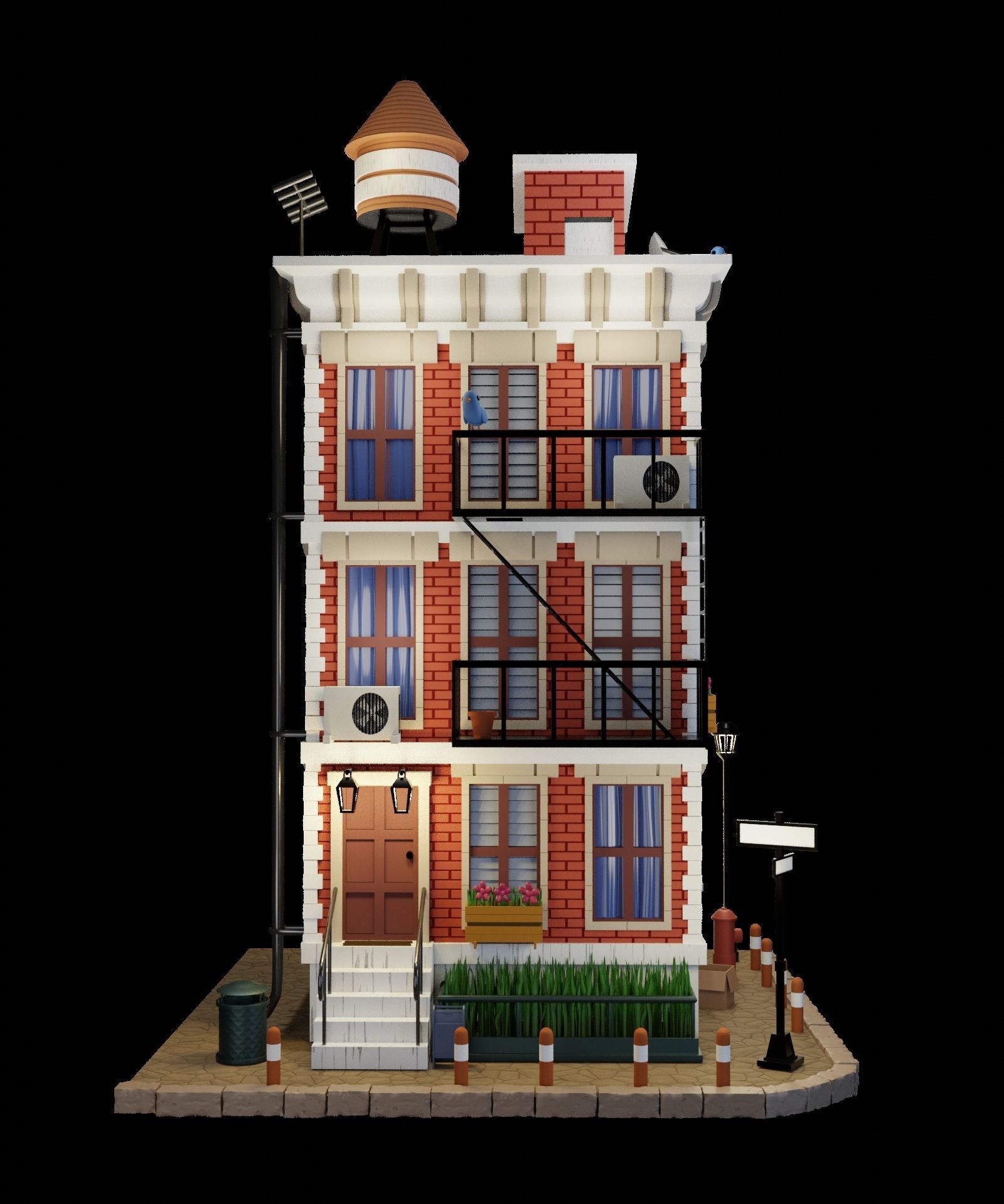 Brick European apartment building Low-poly 3D model_4