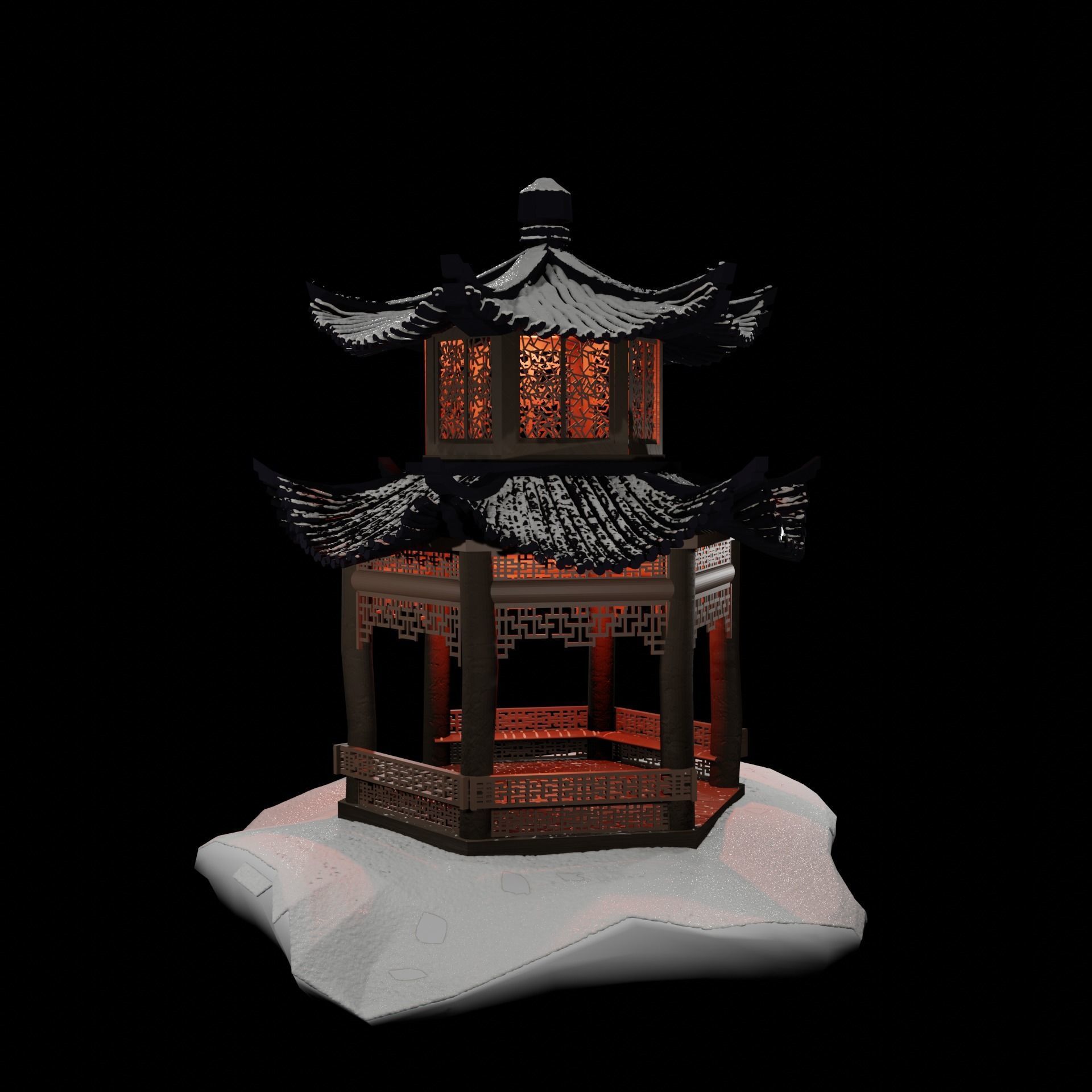 Buddhist Pagoda Japanese Garden Structure with Snow Low-poly 3D model_2