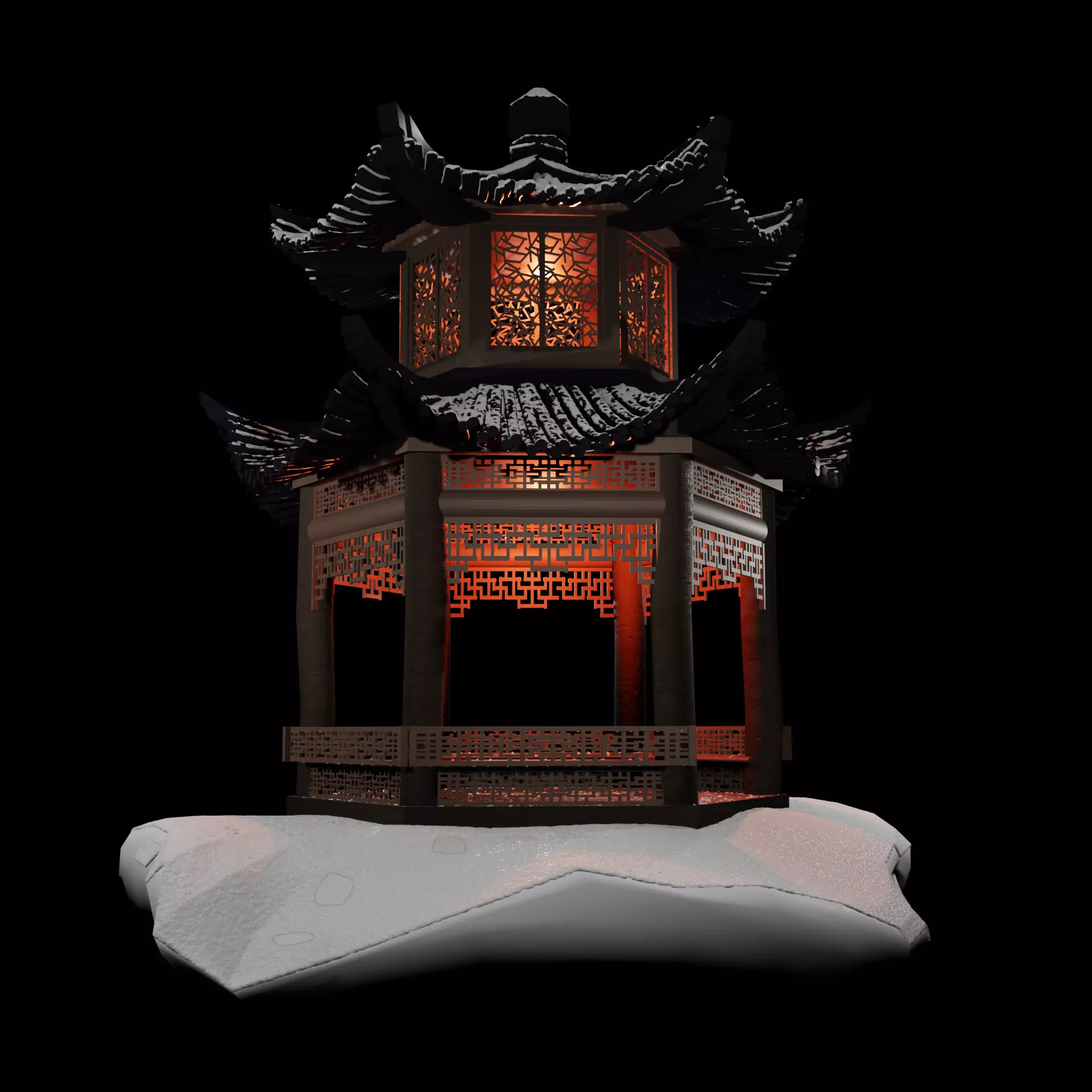 Buddhist Pagoda Japanese Garden Structure with Snow Low-poly 3D model_0