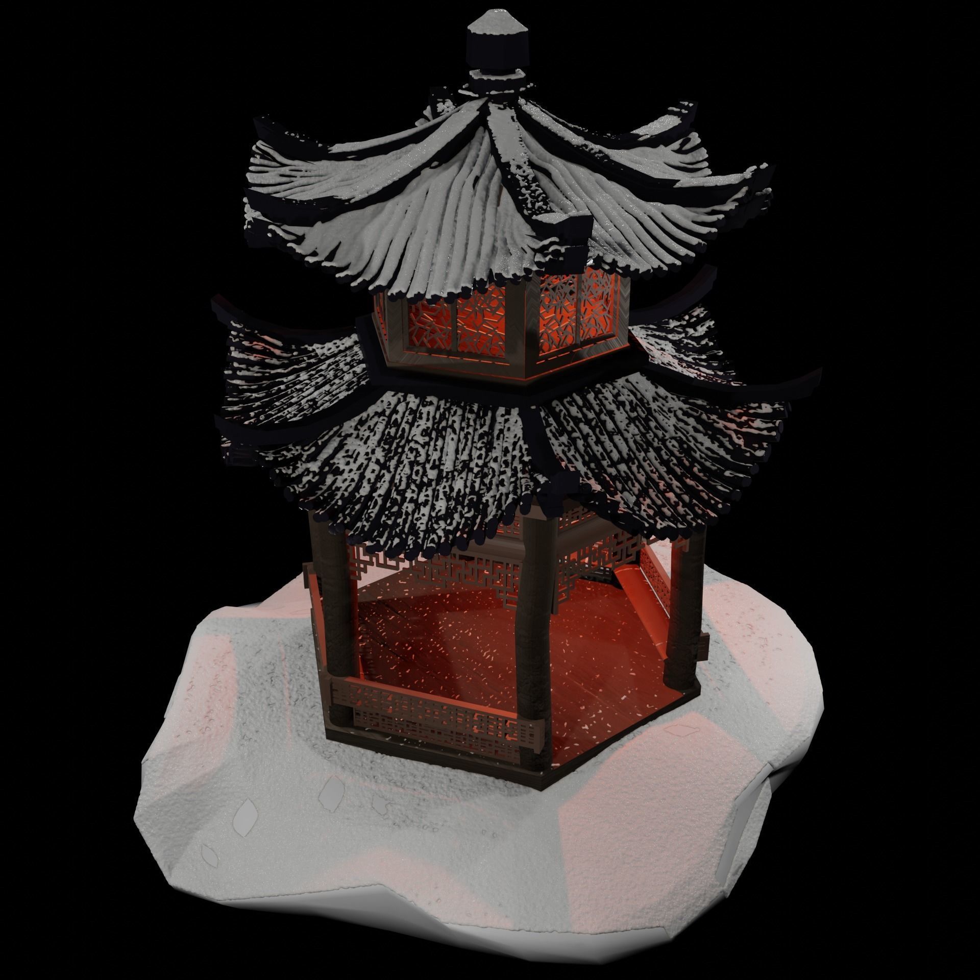 Buddhist Pagoda Japanese Garden Structure with Snow Low-poly 3D model_9