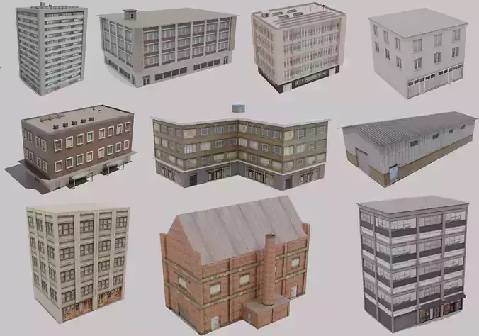 10 low-poly urban buildings