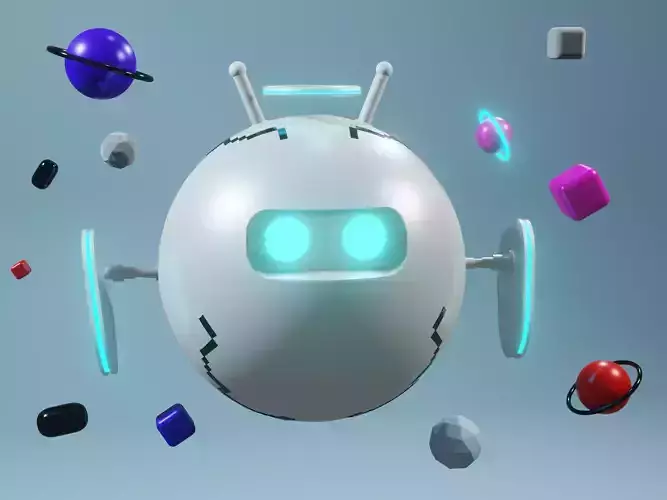 Robot in space with planets surrounding it