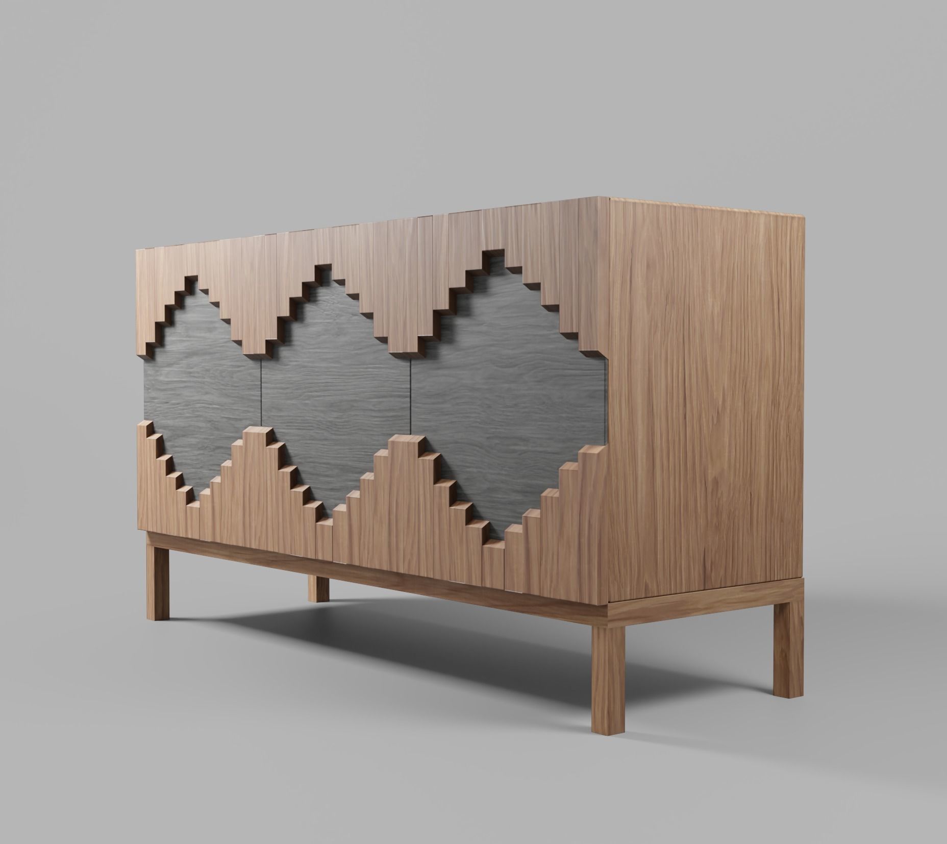 Table wooden sideboard with geometric patterns Low-poly 3D model_1