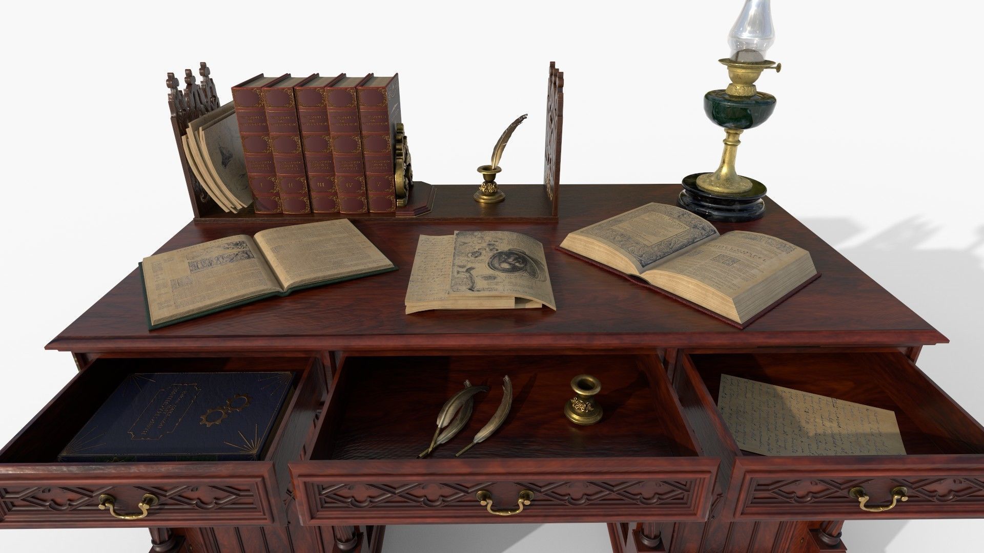 Openable victorian work desk Low-poly 3D model_17