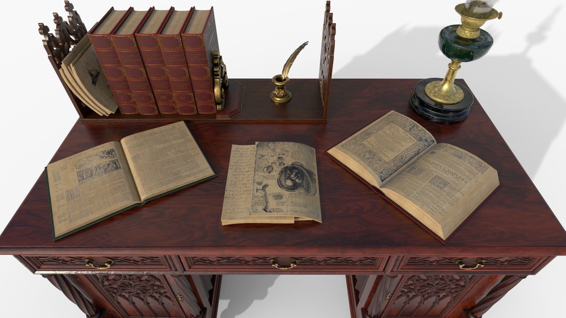 Openable victorian work desk Low-poly 3D model_2