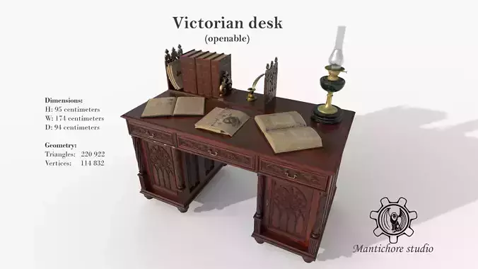 Openable victorian work desk Low-poly 3D model