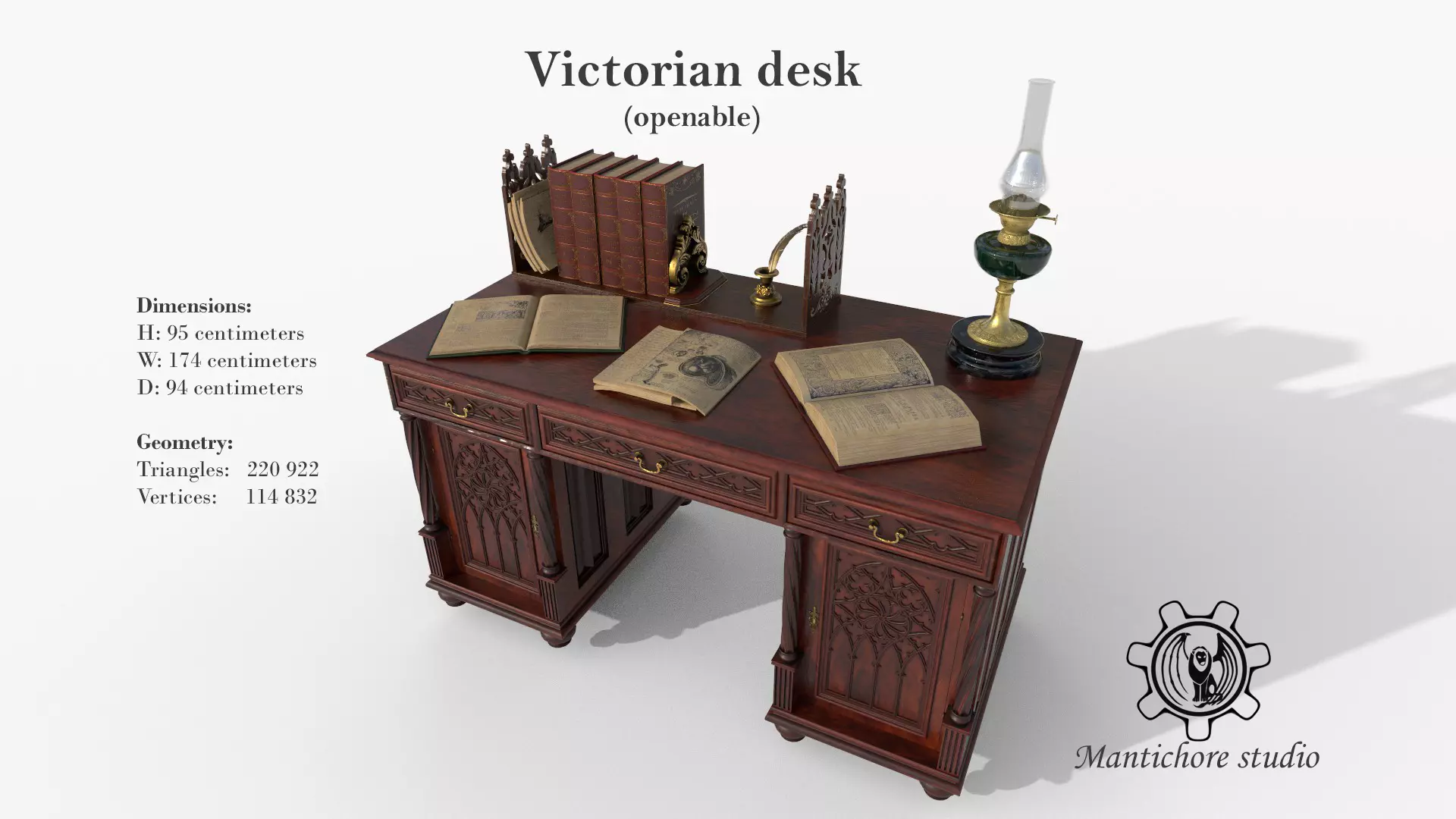 Openable victorian work desk Low-poly 3D model_0