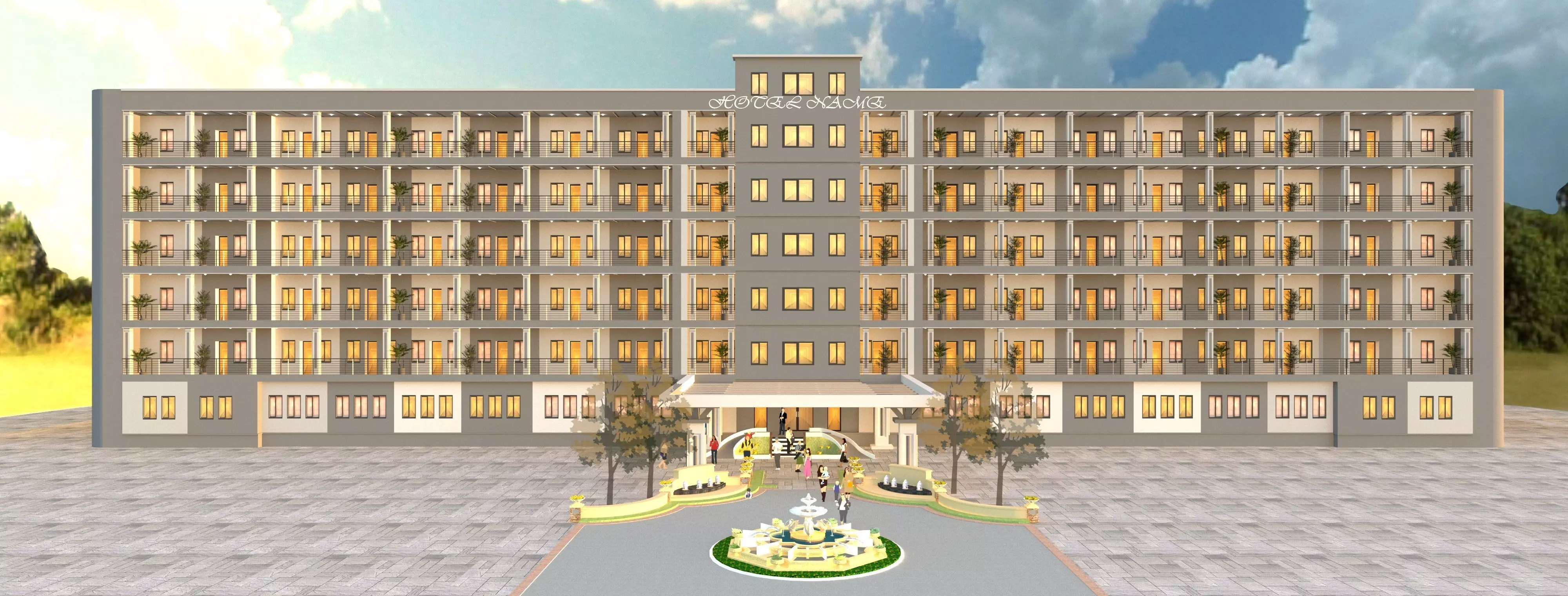 Hotel building with solar panels on roof 3D model